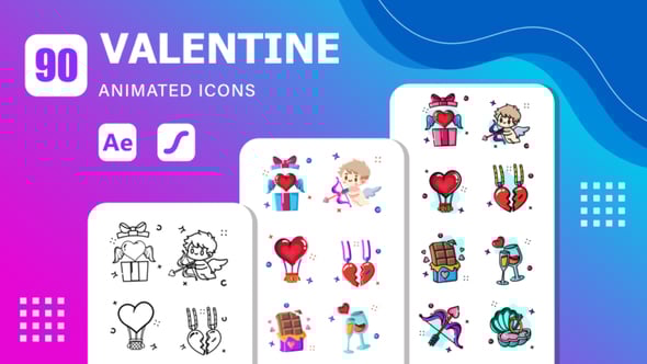 Videohive 90 Valentine Animated Icons | After Effects Template & Lottie Animation