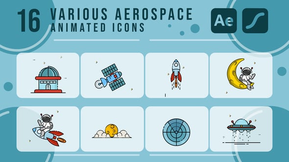 Videohive set of aerospace icon line color vector icon 2d animation video for astronomy concept