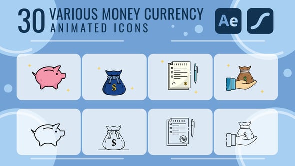 Videohive set of various money business currency icons pacs animation
